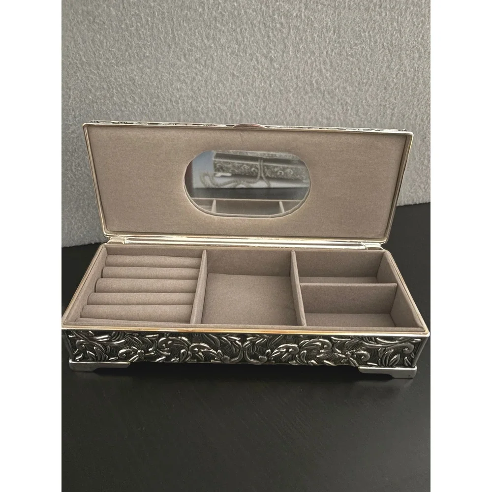 Godinger Silver Art Jewelry Box Oblong Silver Plated Floral Repousse Mirror 1751
